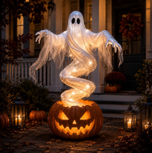Swirling Ghost Pumpkin Light glowing on a Halloween porch
